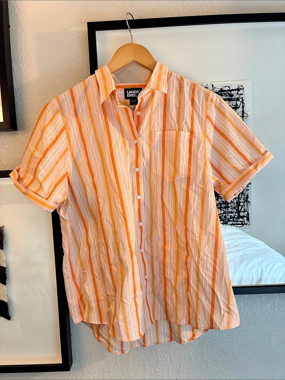 Lands' End Striped Button Down Shirt in Orange & Pink Size Medium